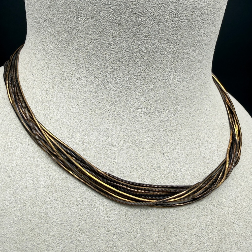 Multi-Strand Snake Chain Choker Necklace Bronze Gold Tone Minimalist Disco 15.5"